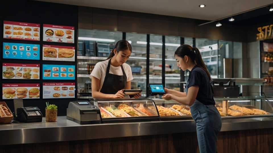 Girl taking a customer order on an EPOS machine in a fast food restaurant