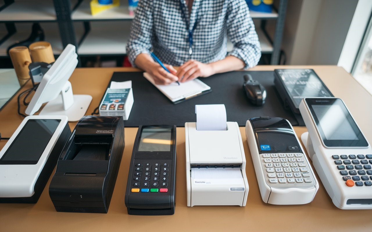 Multiple POS payment machines arranged on the counter of a retail store.