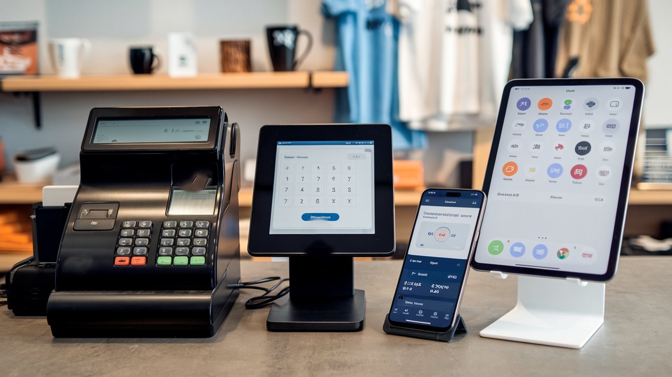 "POS machine in a fast food restaurant displaying menu options and payment features on a touchscreen."