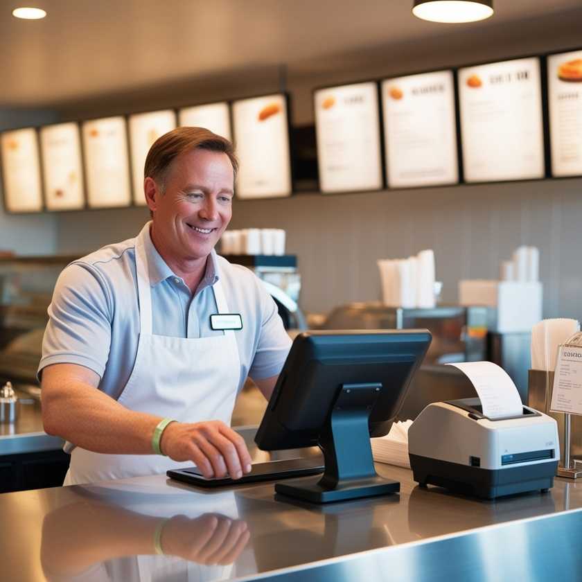 Person taking an order on an EPOS machine in a fast food restaurant.